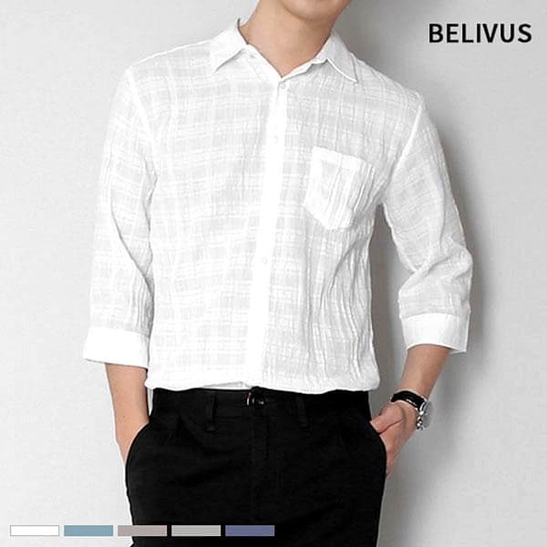 무지 7부 남자 여름 린넨 카라 셔츠 화이트 착용 컷
