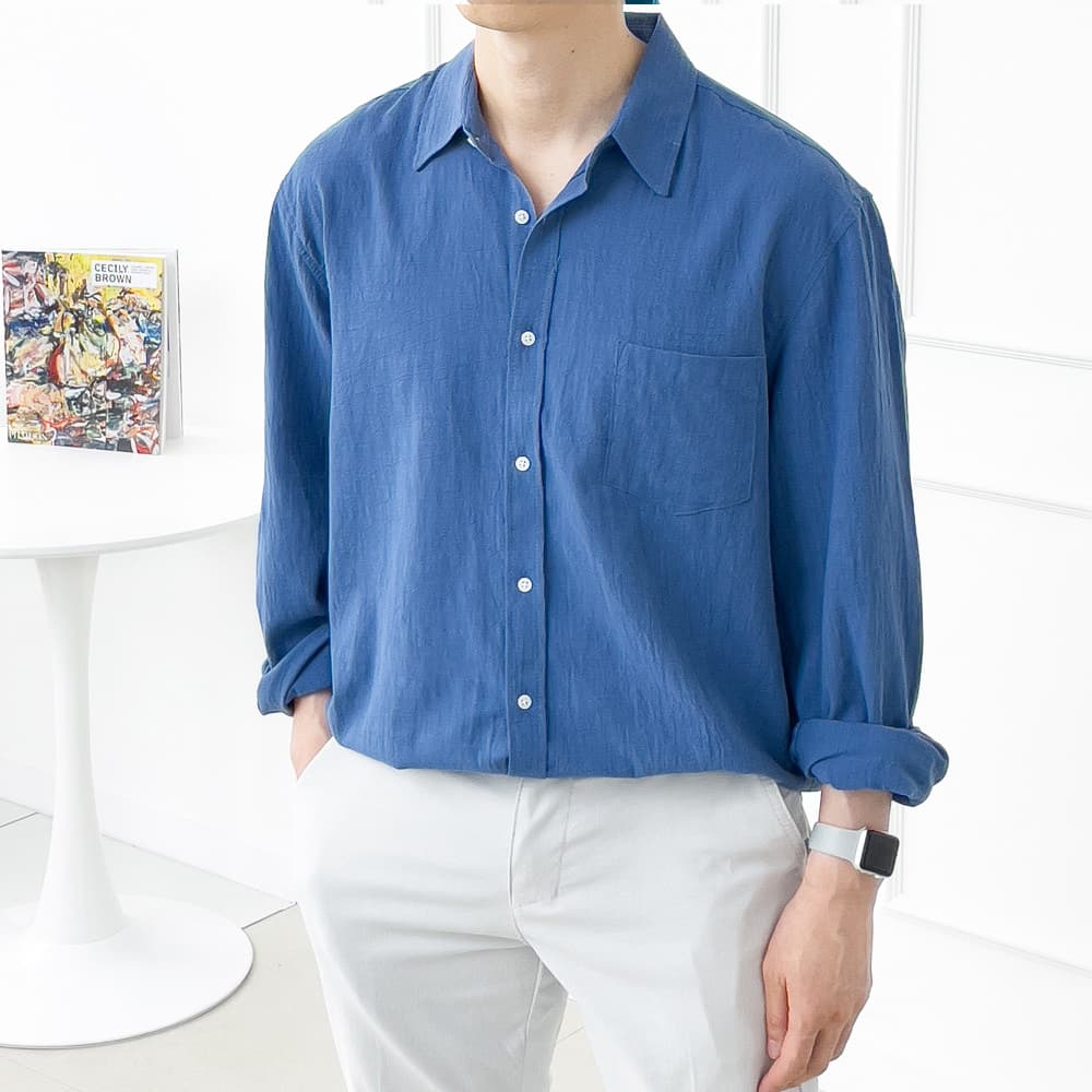 남자 여름 데일리 린넨 바이오 워싱 셔츠 자연스러운 구김 질감