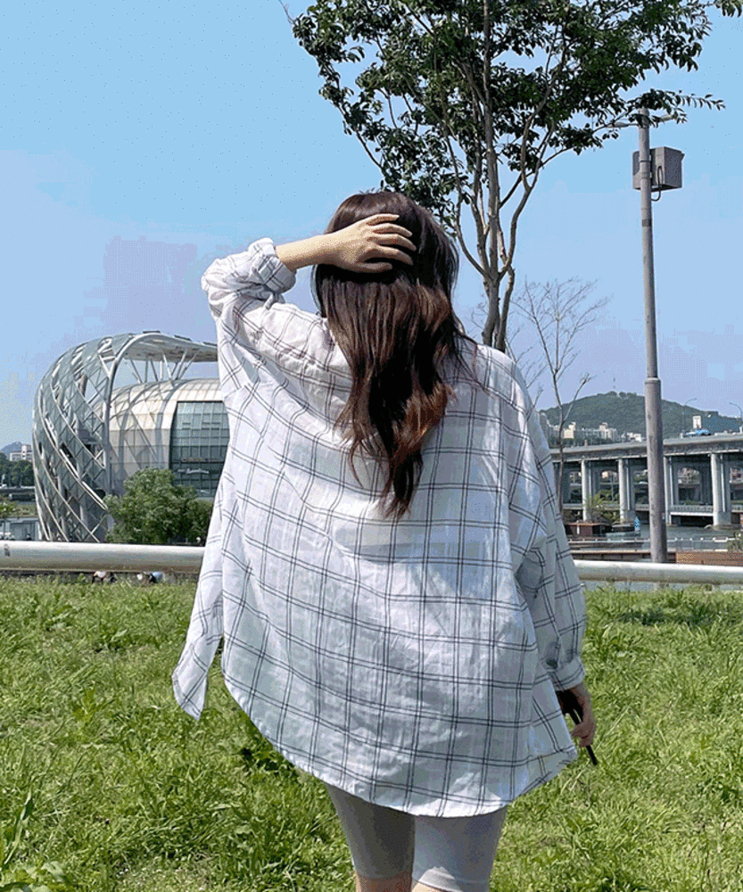 살안타템 체크 패턴 아사면 린넨 롱 블라우스 긴팔 퍼프 소매 여성 여름 셔츠