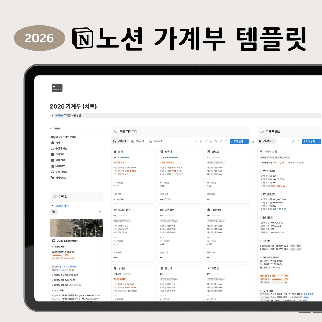 2026 개정판 노션 가계부 템플릿 자동결산 통장쪼개기 예산관리 만년형 화면 구성